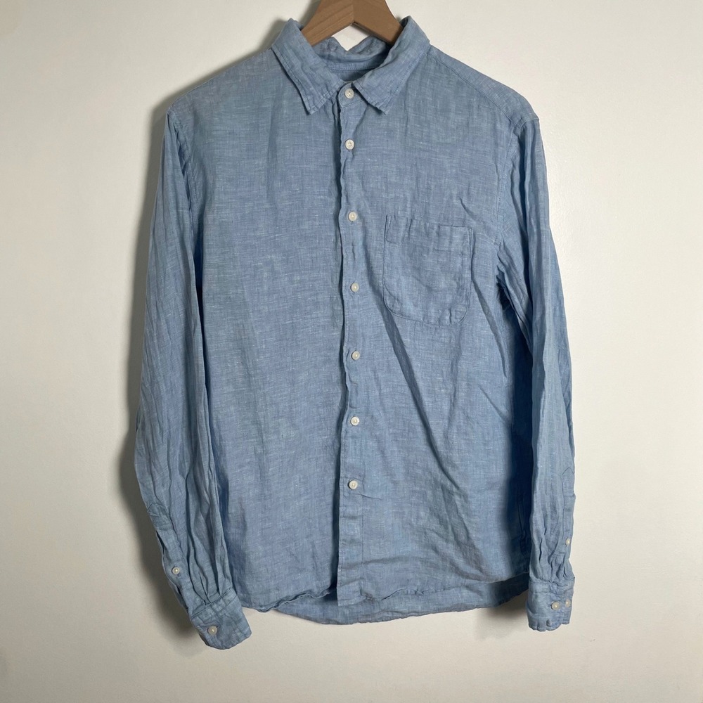 Uniqlo Linen Button Up Shirt Mens Medium Blue 100% Linen Casual Coastal Luxury